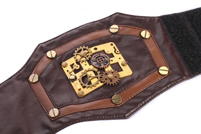 RQ Series Steampunk Gothic Women Wristband Coffee PU Leather Wristlet For Ladies Arm Sleeve With Gear And Button