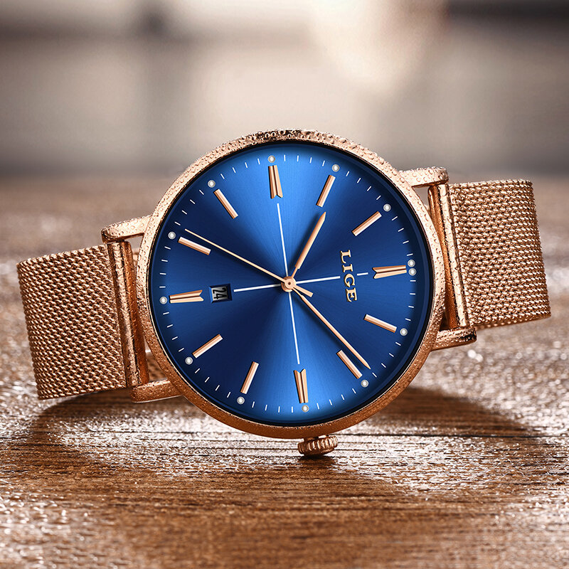 2019 LIGE nuevo reloj de cuarzo de negocios de mesa azul de oro rosa para mujer reloj de marca de lujo superior para mujer reloj de chica reloj femenino