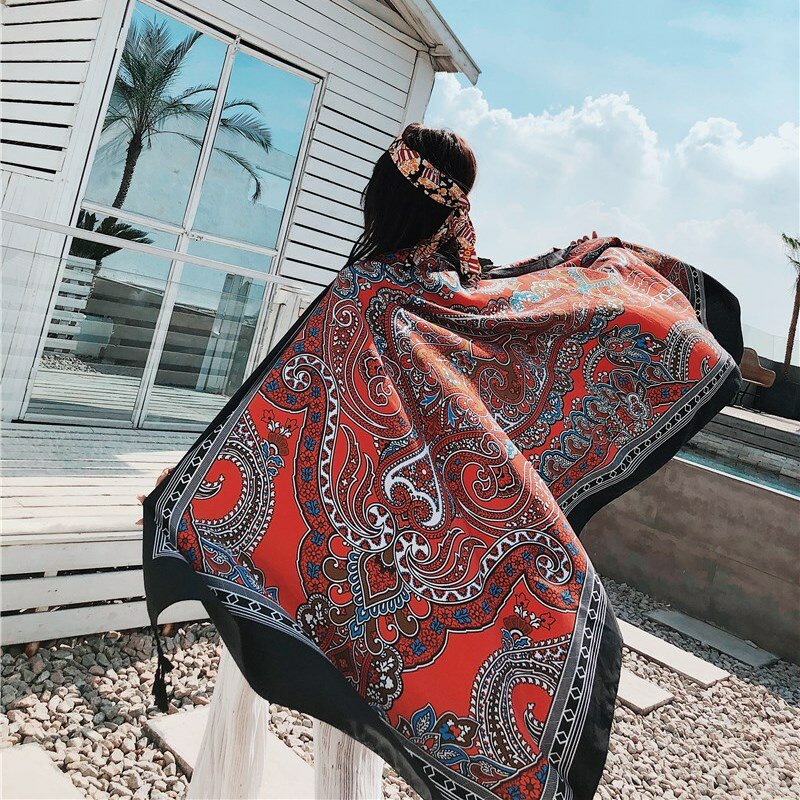 Bufanda bohemia de gran tamaño para mujer, chal largo con estampado de tótem de estilo étnico, chal Vintage de algodón para vacaciones, 70,8 "x 35"