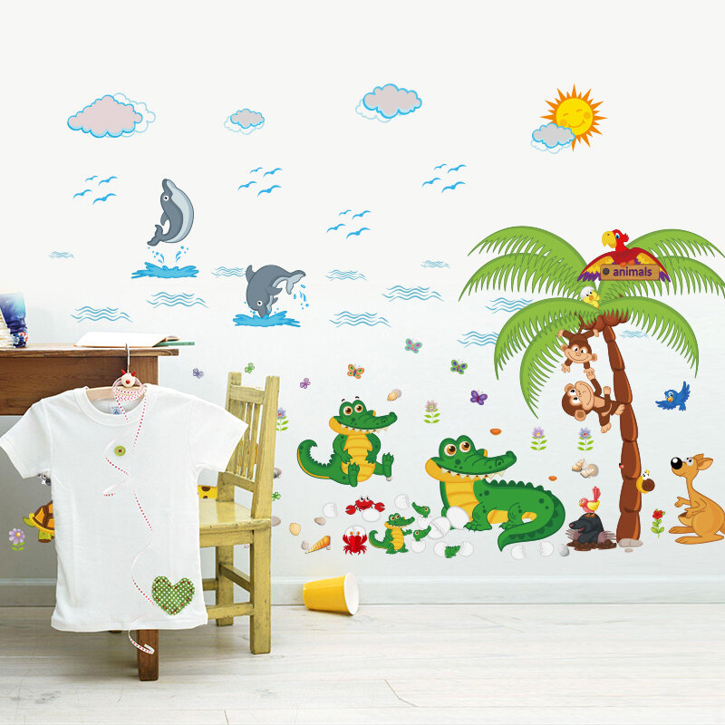 아이 방 귀여운 악어 벽 스티커 이동식 만화 원숭이 나무 벽 전사 술 아기 침실 벽 그림