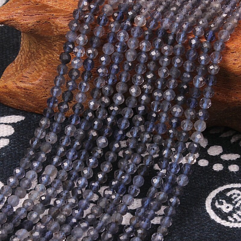 2Mm 3Mm 4Mm Batu Permata Iolite Alami Manik Longgar Bulat Bersegi Biru Aksesori DIY untuk Pembuatan Perhiasan Kalung Gelang Anting