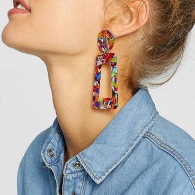 Boucles d'oreilles en acrylique pour femmes, grandes, en résine, ovale, carré, géométrique, goutte, bijoux bohème, cadeau, 2019