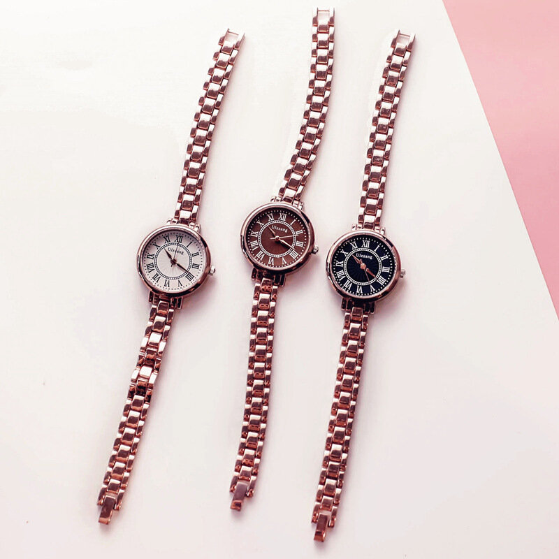Relojes de acero inoxidable Ulzzang para mujer, relojes de pulsera Retro de oro café, de cuarzo, de marca de moda, informal, a escala Romana