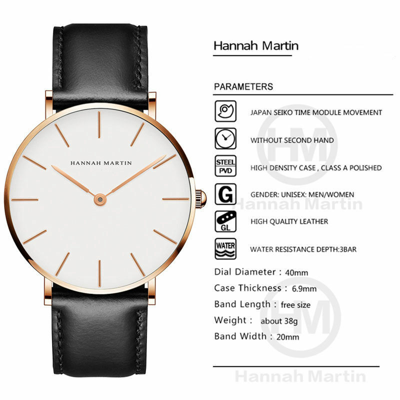 Hannah martin-relógio de quartzo feminino, pulseira de couro, à prova d'água, casual, branco rosa, para mulheres