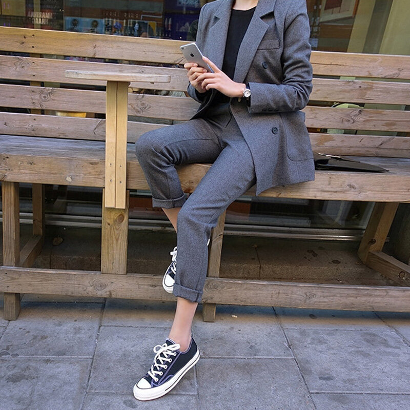 Mode-Business Hose Anzüge Einheitlichen Formalen Zweireiher Jacke und Lange Hose Schwarz Blazer Set Frauen OL 2 Zwei Stücke anzüge