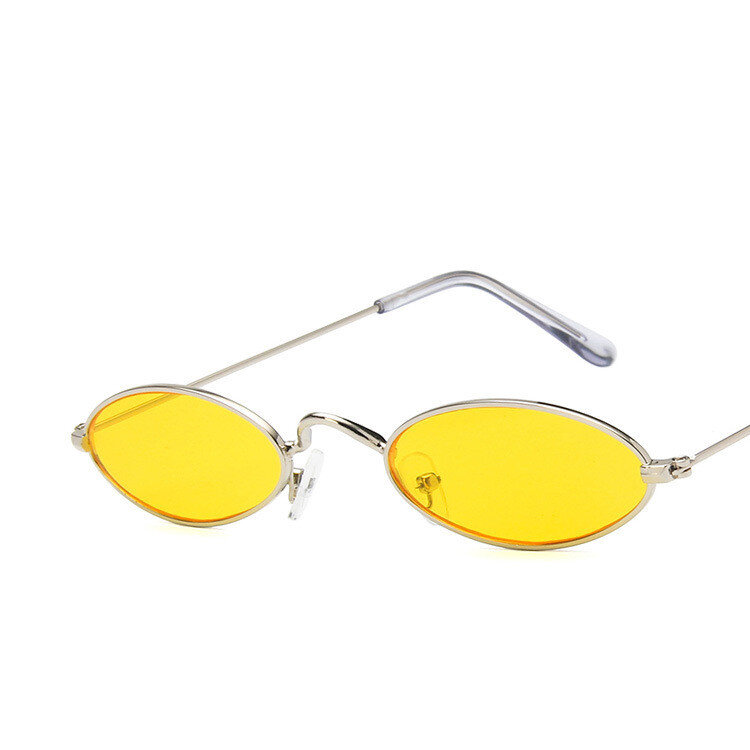 Kacamata Hitam Oval Kecil Sempit Vintage Kacamata Hitam Pria Musim Panas Bingkai Logam Ramping Merek Retro untuk Wanita Merah Kuning