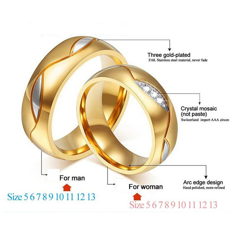 V noxแหวนแต่งงานสำหรับผู้หญิง/ผู้ชายสีทองเพทายCZหิน316lสแตนเลสเครื่องประดับลายนิ้วมือ