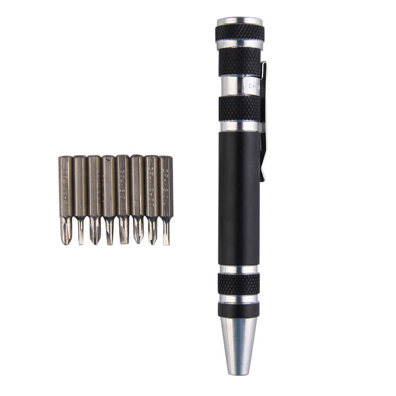 مفك براغي محمول 8 في 1 من الألومنيوم ، مجموعة أدوات دقيقة لإصلاح الهاتف الخلوي ، مع قلم أسود