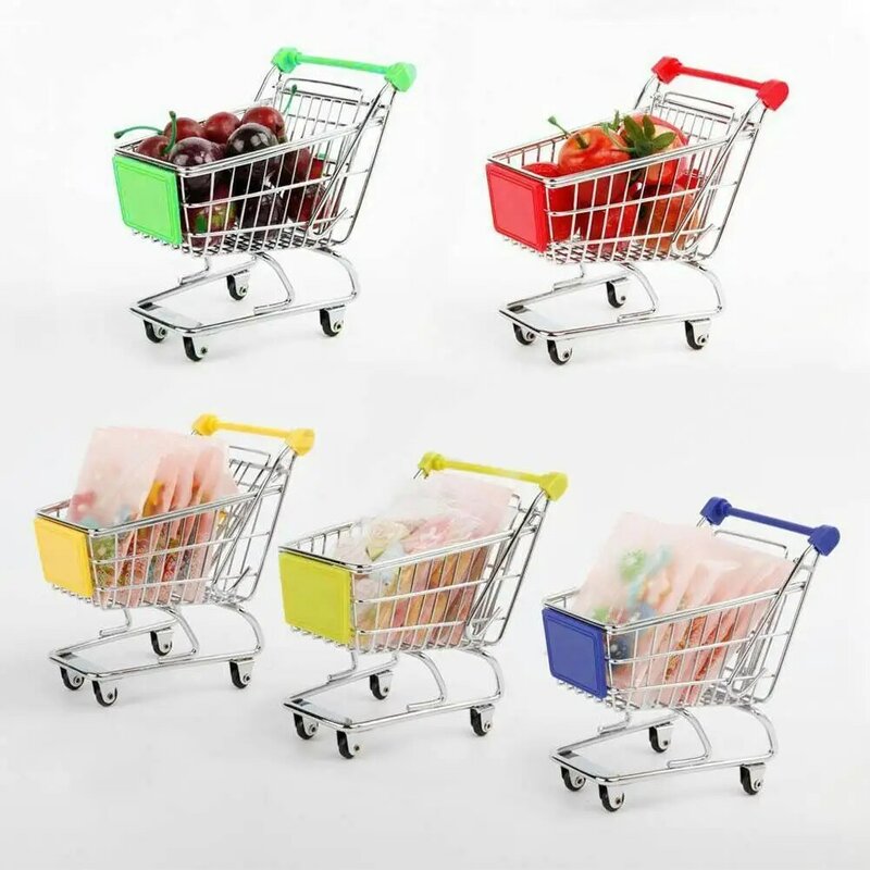 Mini Stainless Steel Handcart Supermarket Shopping Kids Toys Utility Cart Mode Storage Toy Phone Food Holder Cute Gift for Kids