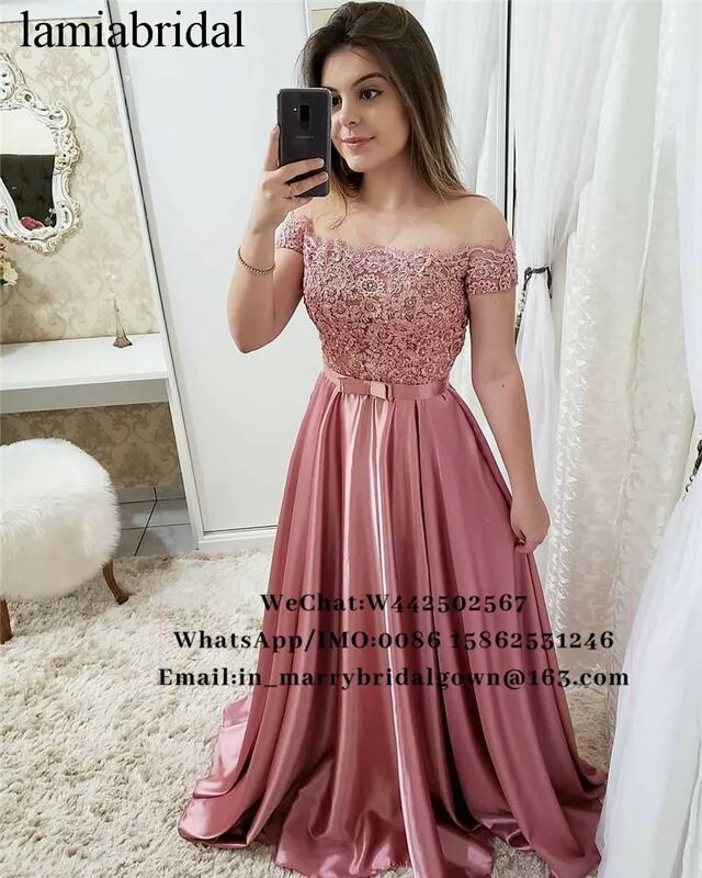 Hồng Tắt Shoulder Giá Rẻ Long Prom Dresses 2019 A Line Ren Cổ Điển Đính Cườm Ả Rập Cô Gái Trang Phục Chính Thức Gowns vestidos de fiesta de noche