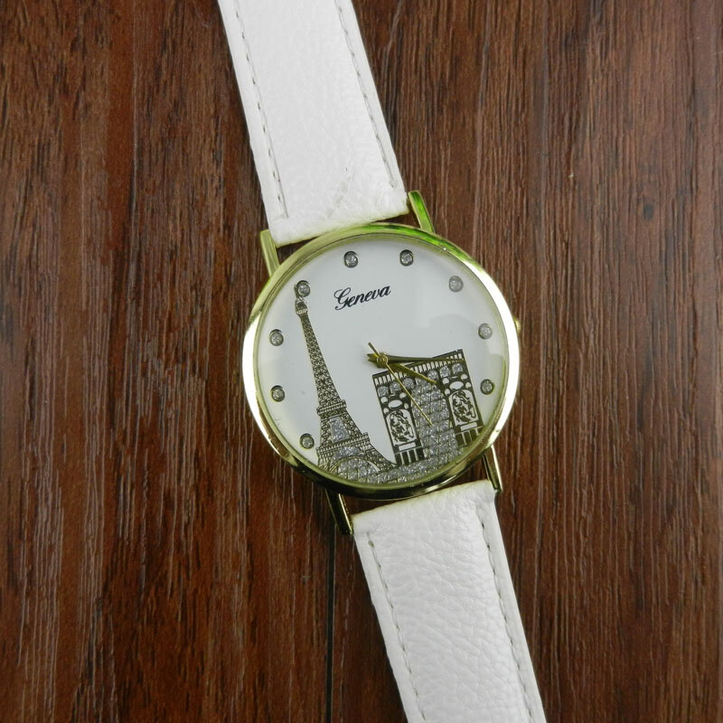 Relógio feminino design retrô, estampa da torre eiffel qc7, mostrador de quartzo, couro tecido, para mulheres, 2019