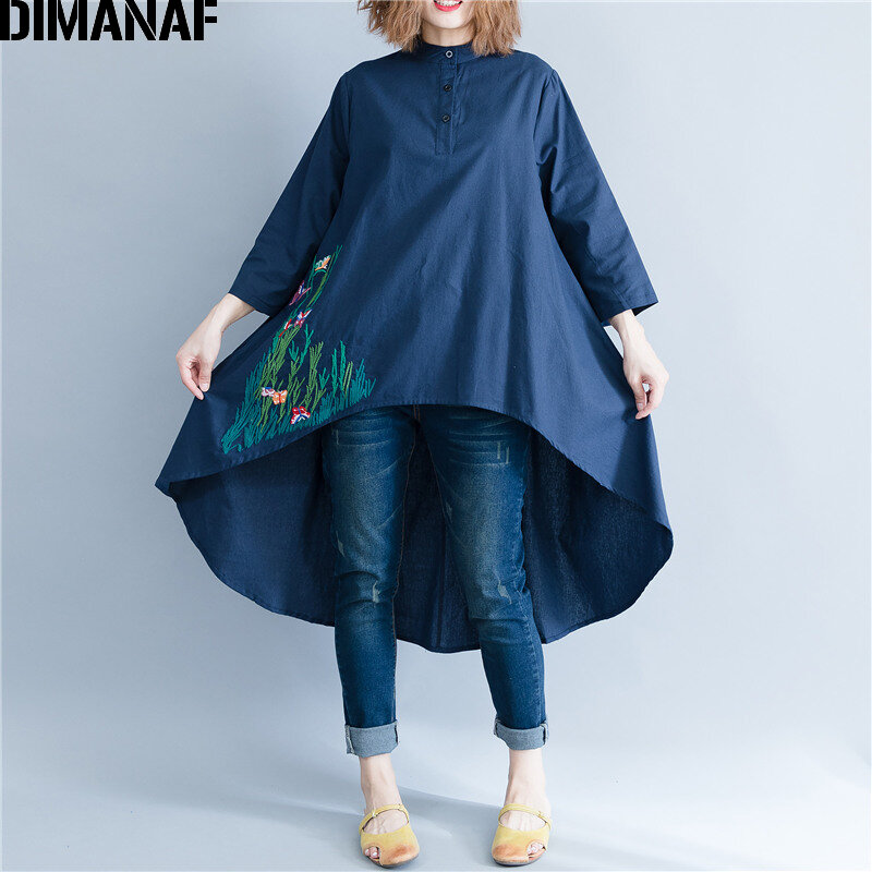 DIMANAF – chemisier à manches longues pour femmes, haut fin en lin, grande chemise ample brodée pour dames, décontracté grande taille 2XL