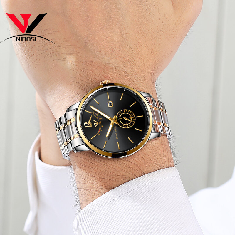 NIBOSI-Reloj analógico de acero inoxidable para Hombre, accesorio de pulsera resistente al agua con calendario, complemento masculino de marca de lujo disponible en color dorado, 2018