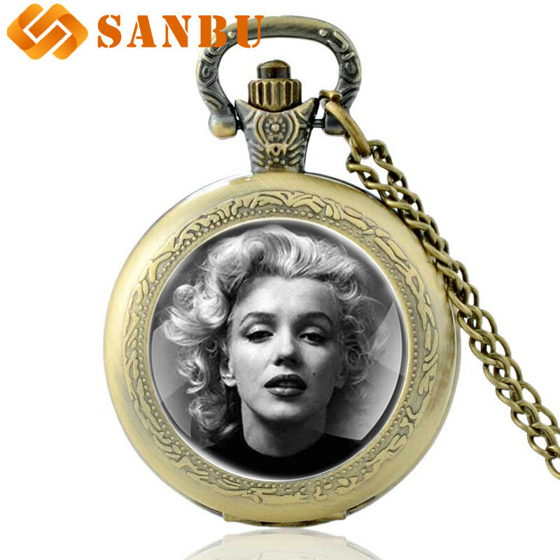 Klasyczne antyczne Marilyn Monroe kieszonkowy kwarcowy zegarek w stylu Vintage mężczyźni kobiety naszyjnik wisiorek Retro biżuteria
