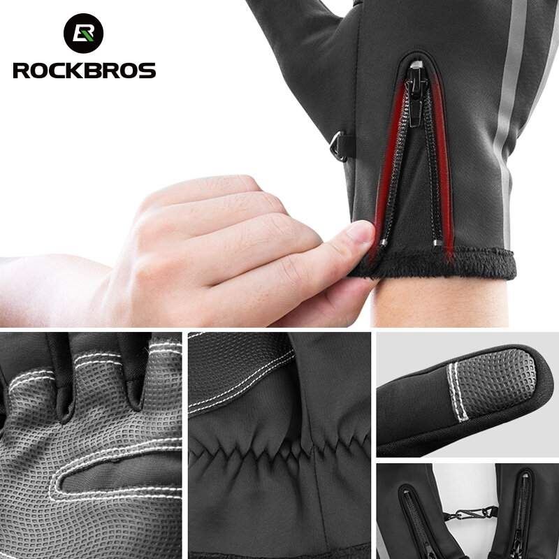ROCKBROS Rainproof Full Finger Gloves Winter Touch Screen Cycling Gloves Windproof Thermal Mitten Bicycle Mens Waterproof Gloves