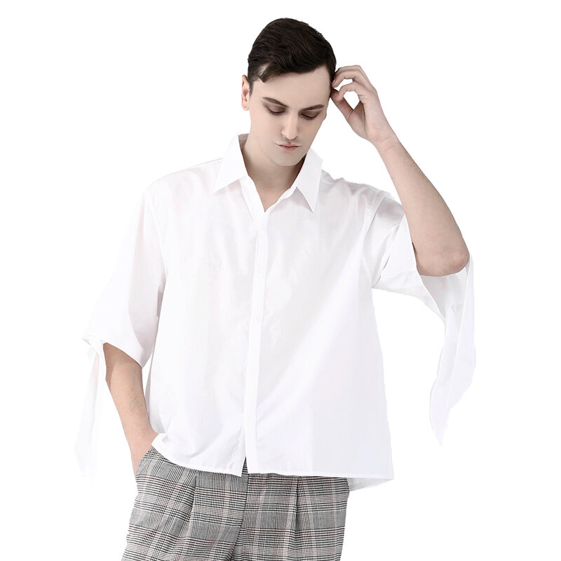 Punk Putih Smart Kasual Kemeja untuk Pria Setengah Lengan Dua Tali Katun Formal Blus Musim Panas Solid Tops