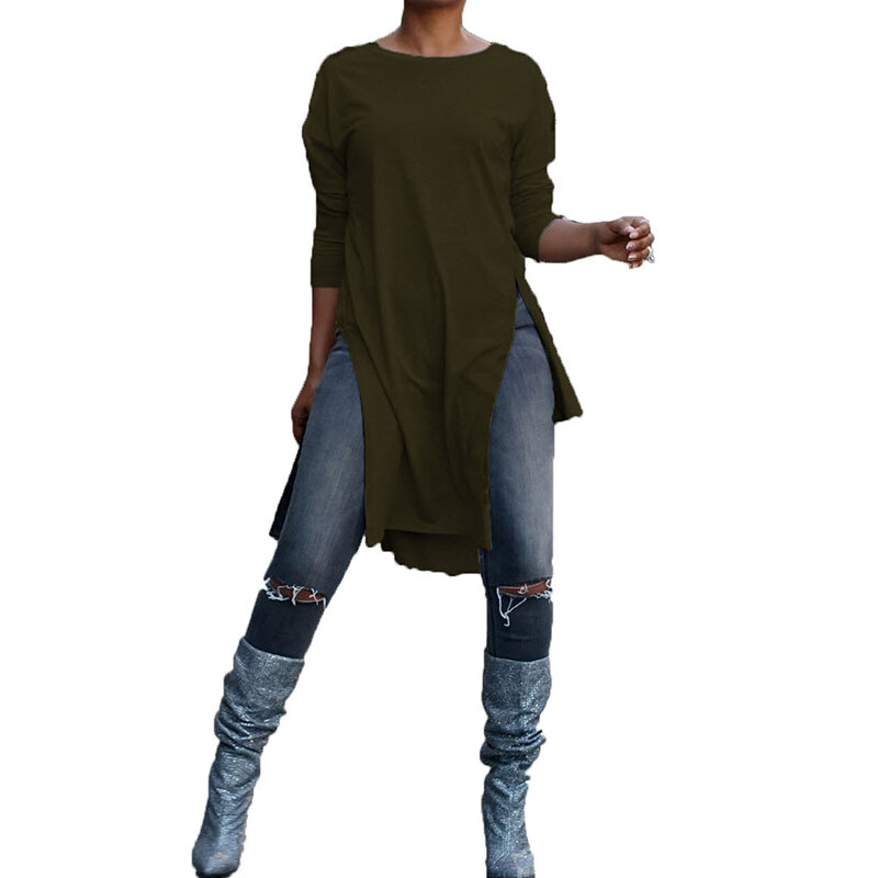 2021 ZANZEA Women O Neck Long Sleeve Split Hem Irregular Solid Loose Long Blouse Fashion Party Shirt High Low Pullover 