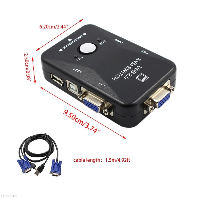 USB2.0 2 พอร์ต KVM Switcher กล่องสวิทช์เมาส์/คีย์บอร์ด/VGA Video Monitor 1920x1440