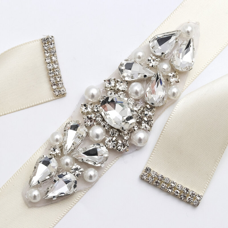 MissRDress-Cinturón de novia de cristal plateado con perlas, faja nupcial con diamantes de imitación, flor de satén, cinturón de boda y faja para vestidos de mujer JK904