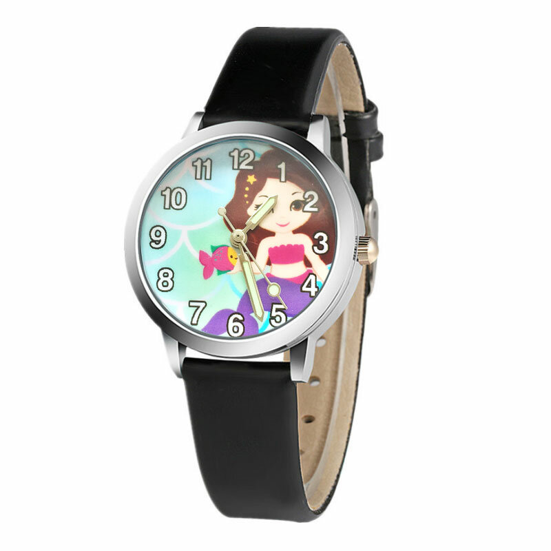 Nieuwe Mermaid Cartoon kinderen Horloge Mode Meisjes Kids Student Leuke Horloges Uur Gift relojes Jongen leer klok