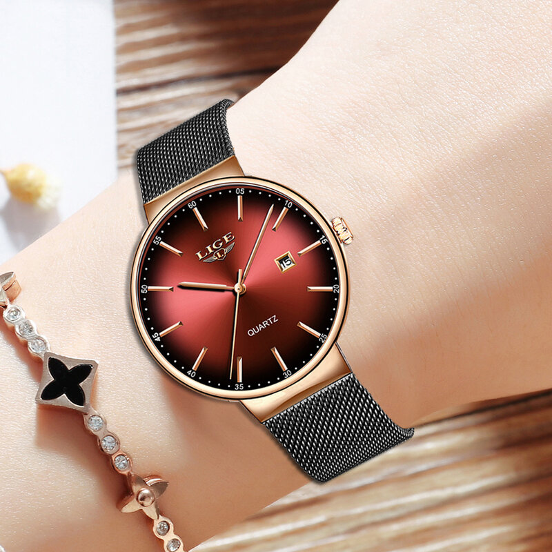 Ultra mince dames montre marque de luxe femmes montres étanche Rose or en acier inoxydable Quartz calendrier montre-bracelet montre femme