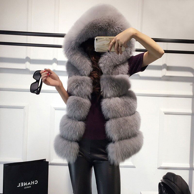 Mantel Rompi Bulu Berkualitas Tinggi Mantel Wanita Hangat Rubah Imitasi Mewah Rompi Mode Musim Dingin Bulu Jaket Mantel Wanita