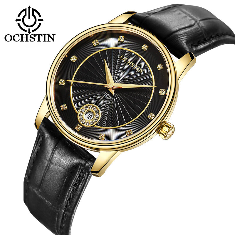 Ochstin relógio feminino luxo preto clássico couro genuíno relógio de pulso de quartzo feminino à prova dwaterproof água vestido data relógio relogio feminino