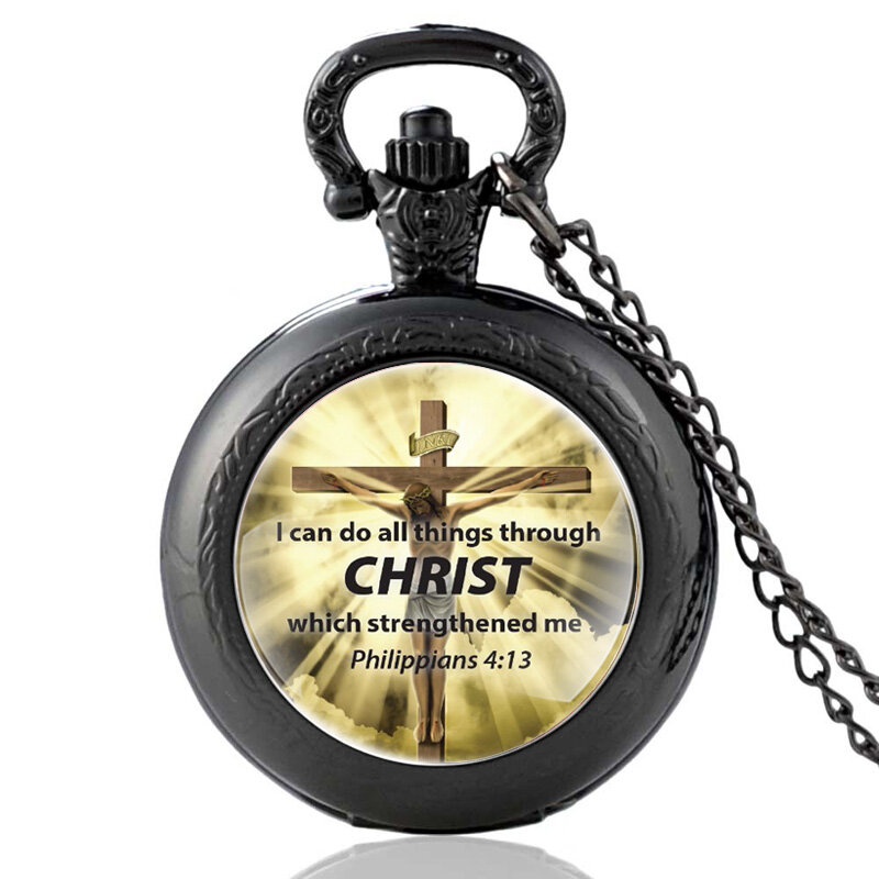 を私はを通してすべてキリスト聖書クロスクォーツ懐中時計ヴィンテージ男性クリスチャン信仰ペンダントネックレス腕時計