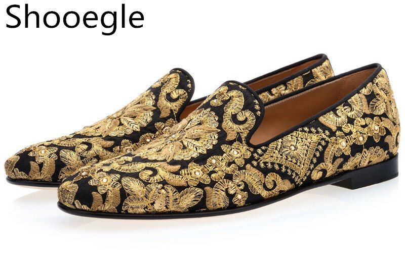 Zapatos informales de lona bordados a mano para hombre, mocasines cómodos, planos florales, dorados y con tachuelas, a la moda
