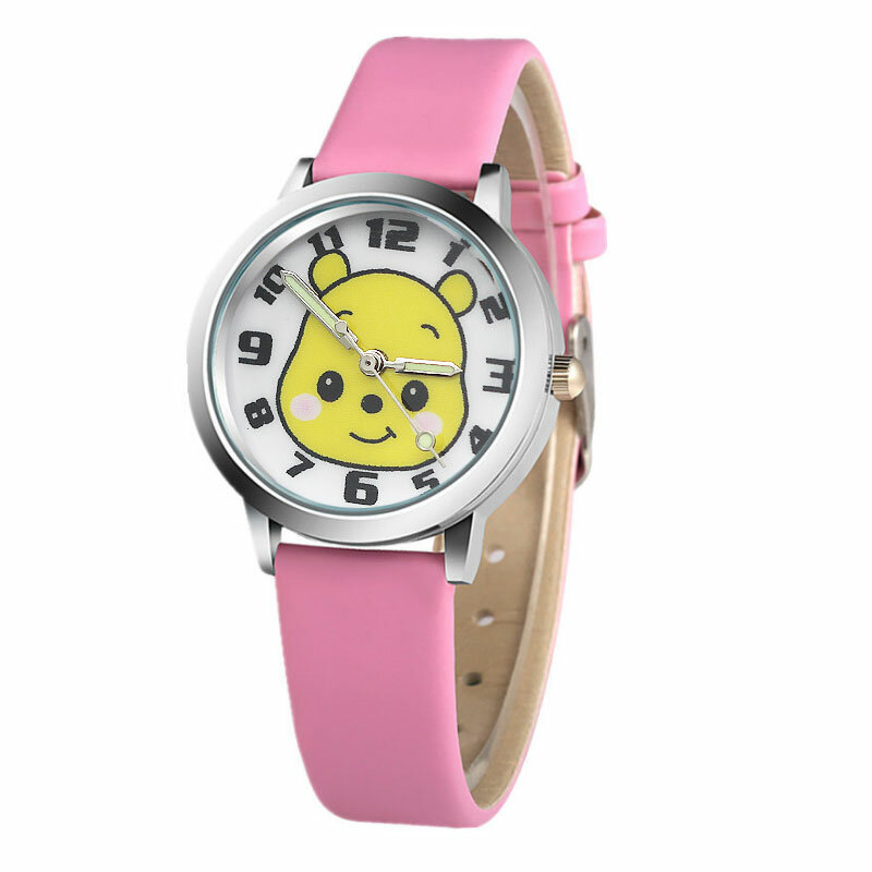 少年少女カジュアルかわいい黄色漫画のクマの子クォーツ時計シンプルな革デザインキッズ学生腕時計レロジオ