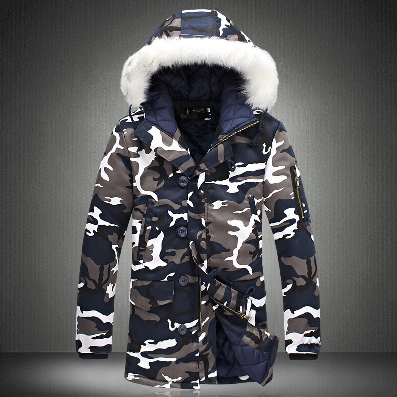 Male Fur collar Hooded wadded Camouflage Parkas Mens Military Medium long Winter Coat Thickening warm Cotton-padded Jacket