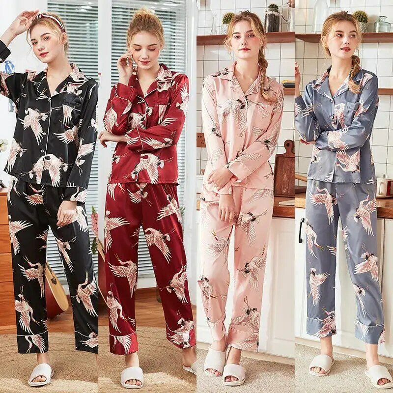 Conjuntos de ropa de dormir larga para mujer, ropa de dormir Sexy a la moda, pijama de seda de manga larga