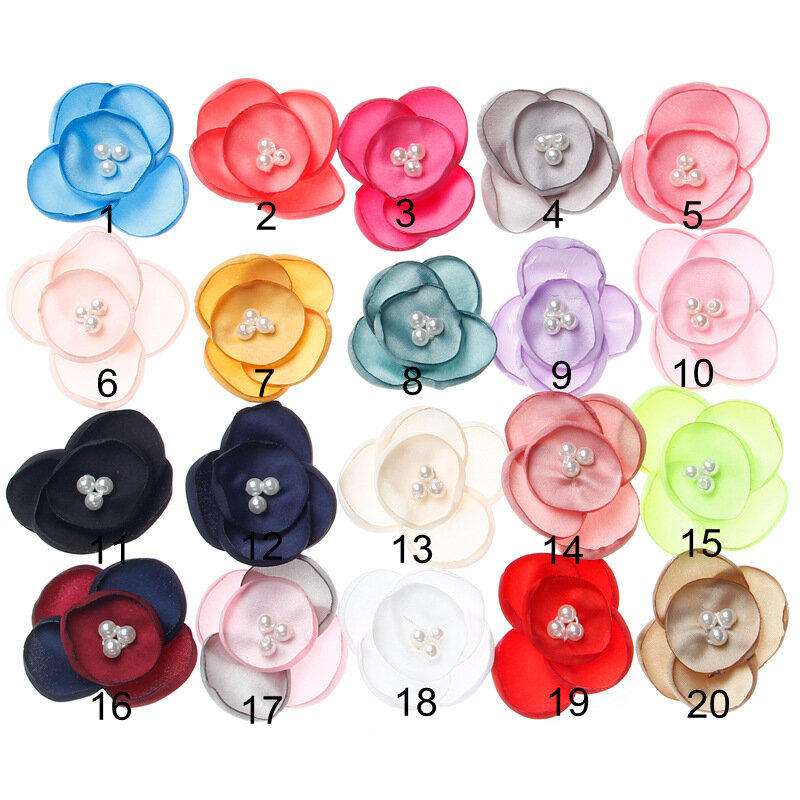 10 unids/lote 2 "pétalos de gasa para recién nacido flor con perlas DIY tela flores de pelo para cabellos de Niños Accesorios