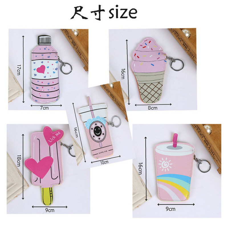 Lolita Style Kawaii PU Leather Coin Purse Square Cute Bottle Drink Ice Cream Pattern Coin Money Wallets Holders 1 PCS