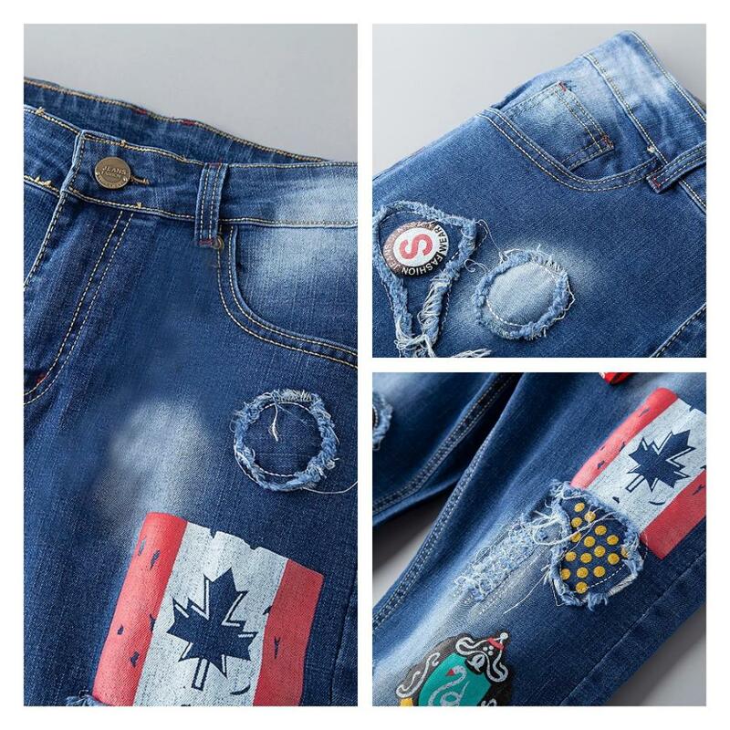 Calça jeans reta masculina de algodão rasgada com buraco revestido, nova marca, calças de denim, patchwork, estampa, plus size 29-38, 2019