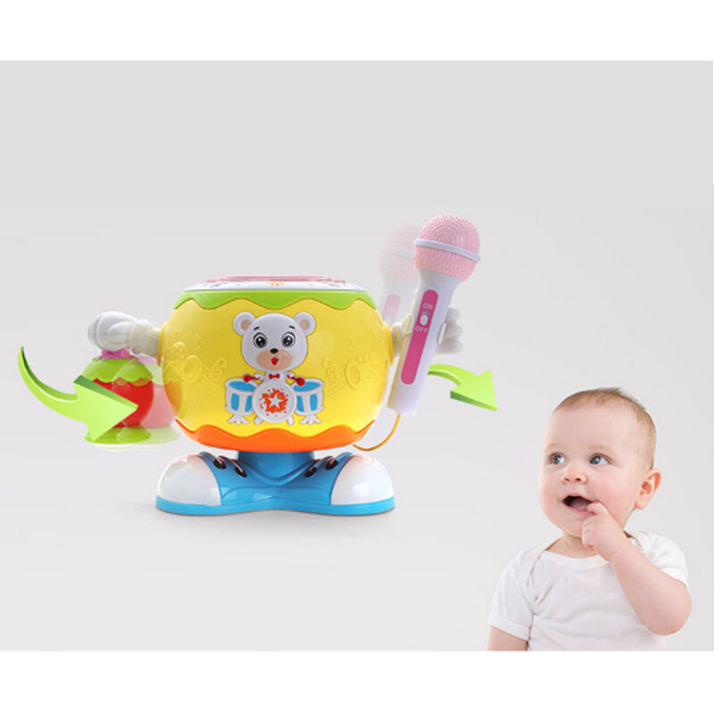 Multi-Function Rotating Music Drum Bear Lantern With Microphone Children's Educational Baby Toys Sound And Light Christmas Gift