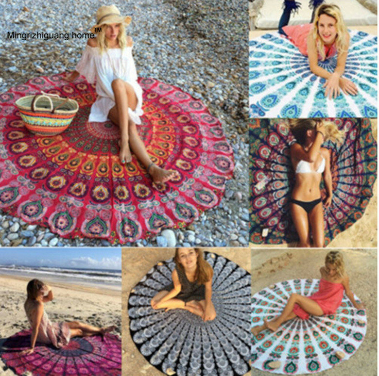 Serviette de plage ronde d'été 150cm 1 pièce | Châle de protection solaire, serviette de plage de sable pour adultes femmes, bain de soleil avec pompon OU 054