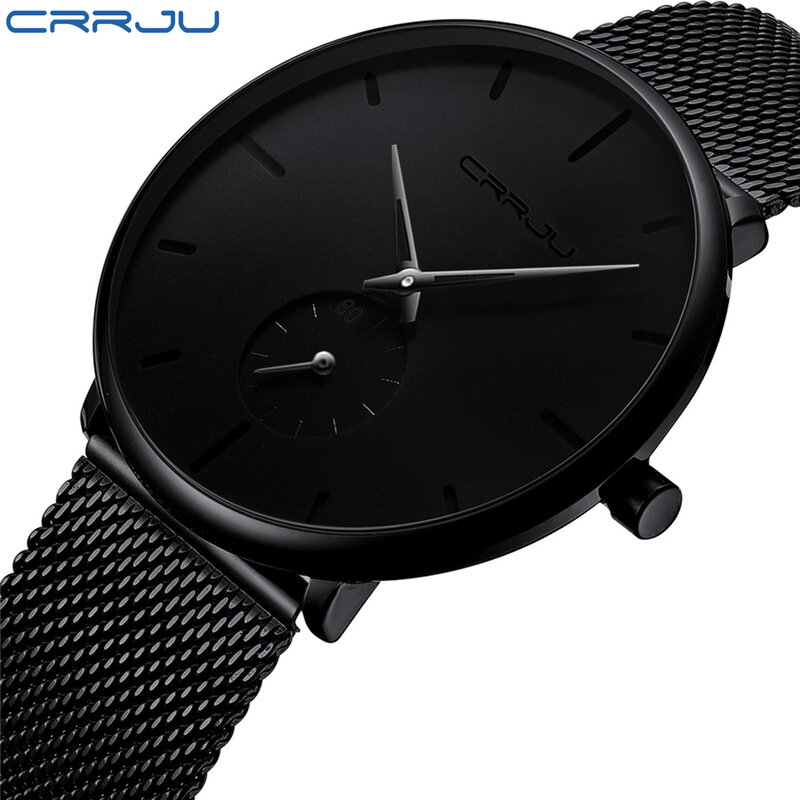 Relógio de pulso crrju, homens clássico relógio de luxo pulseira malha preta relógio de pulso fashion design ultra-fino relógio do esporte masculino masculino