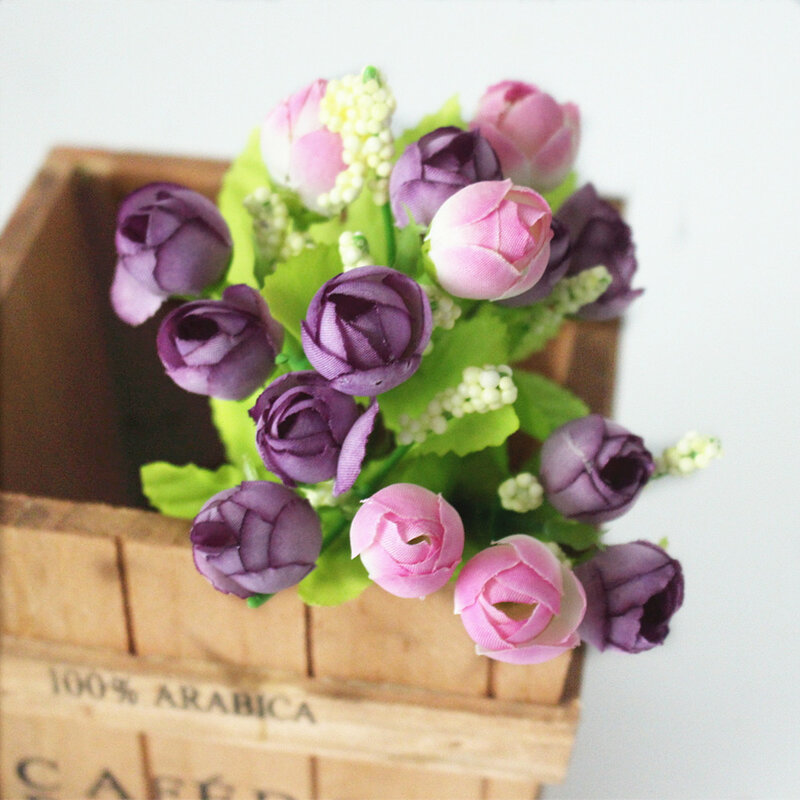 Colorato Fiori Di Seta fiore artificiale 15 teste Mini Rosa Decorazioni Per La Casa per la cerimonia nuziale piccole rose bouquet decorazione