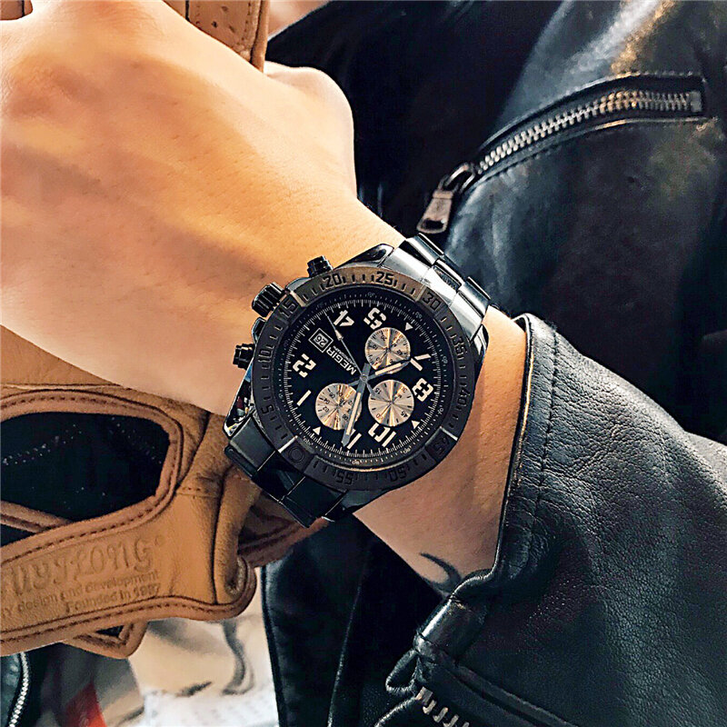 Megir relógio masculino luxuoso de aço, relógio de quartzo esportivo social casual à prova d'água