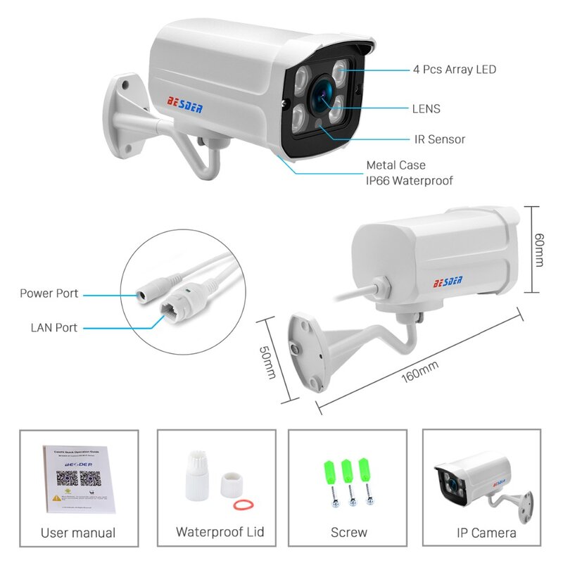 BESDER-cámara IP tipo bala para exteriores, videocámara de seguridad CCTV impermeable de Metal de aluminio, 720P, 960P, 1080P, 4 pares, matriz IR, LED