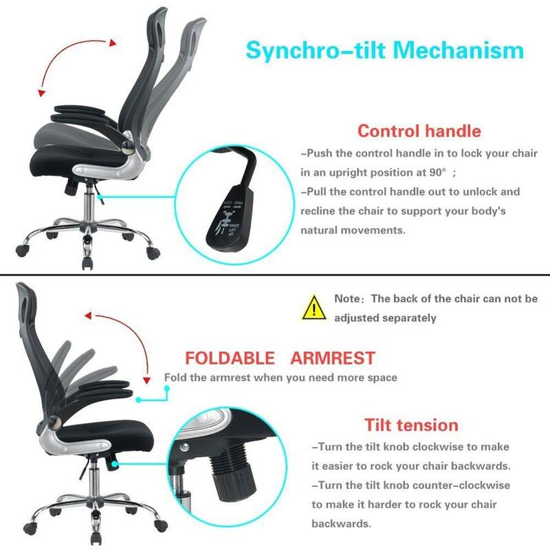 Cadeira de escritório preto ergonômico giratória malha tarefa cadeira alta para trás cadeira de mesa acolchoada com apoio de cabeça braço dobrável ajustável
