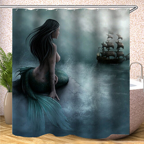 Waterproof Shower Curtain For Bathroom Funny Mermaid Print Bathtub Curtains Opaque Polyester Bathroom Curtain with 12 pcs hooks