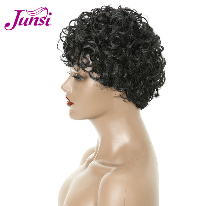 JUNSI-pelo rizado Pixie de corte corto para mujer, pelo sintético de Color marrón mezclado