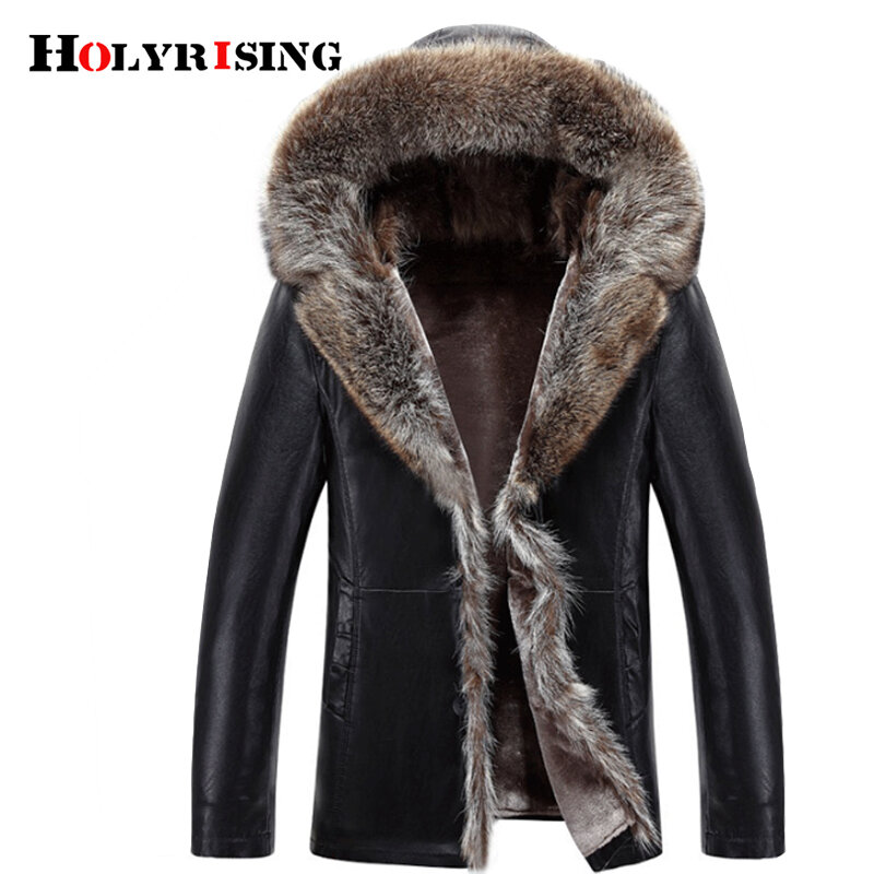 Jaqueta de couro de couro masculina, jaqueta espessa de couro de pu com pele de animal para homens, casaco de couro novo para inverno 1829