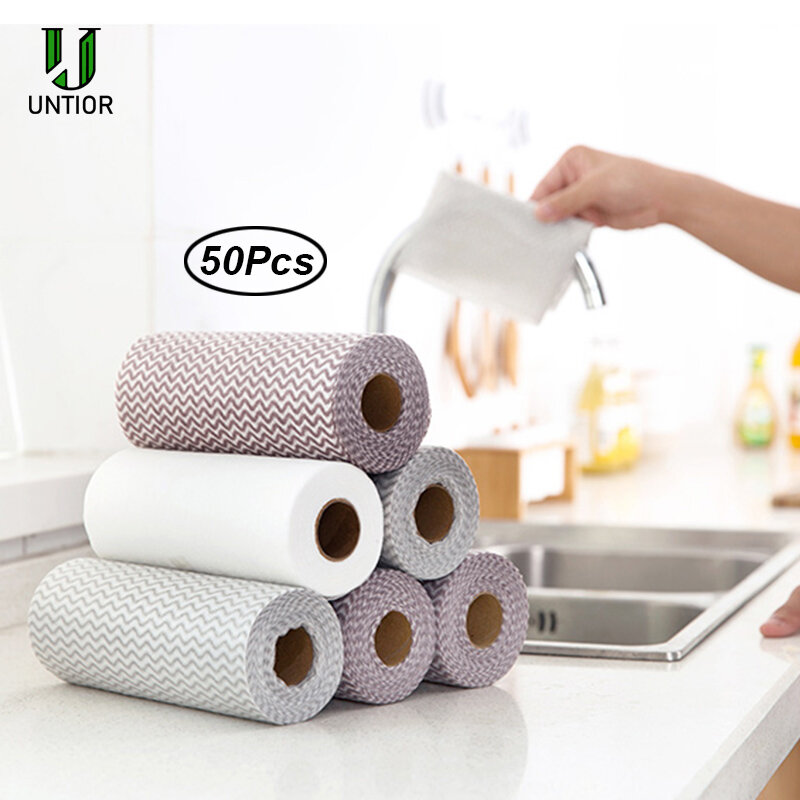 UNTIOR 50 PCS/ROLL ไม่ทอผ้าทำความสะอาดห้องครัวทิ้ง Rag Wiping Scouring Pad ดูดซับห้องน้ำซักผ้าผ้า