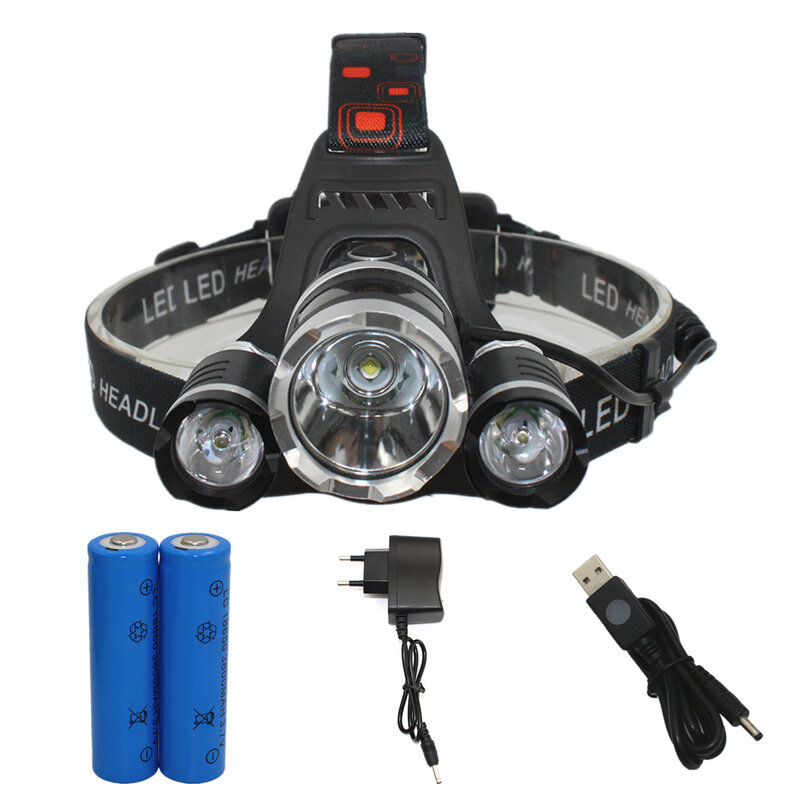 LED 헤드 램프 T6 + 2 x R5 헤드 라이트 충전식 헤드 램프 조명 손전등 랜턴 낚시 사냥 라이트 + 18650 배터리 + 충전기, 헤드라이트, LED 전조등, 2 개