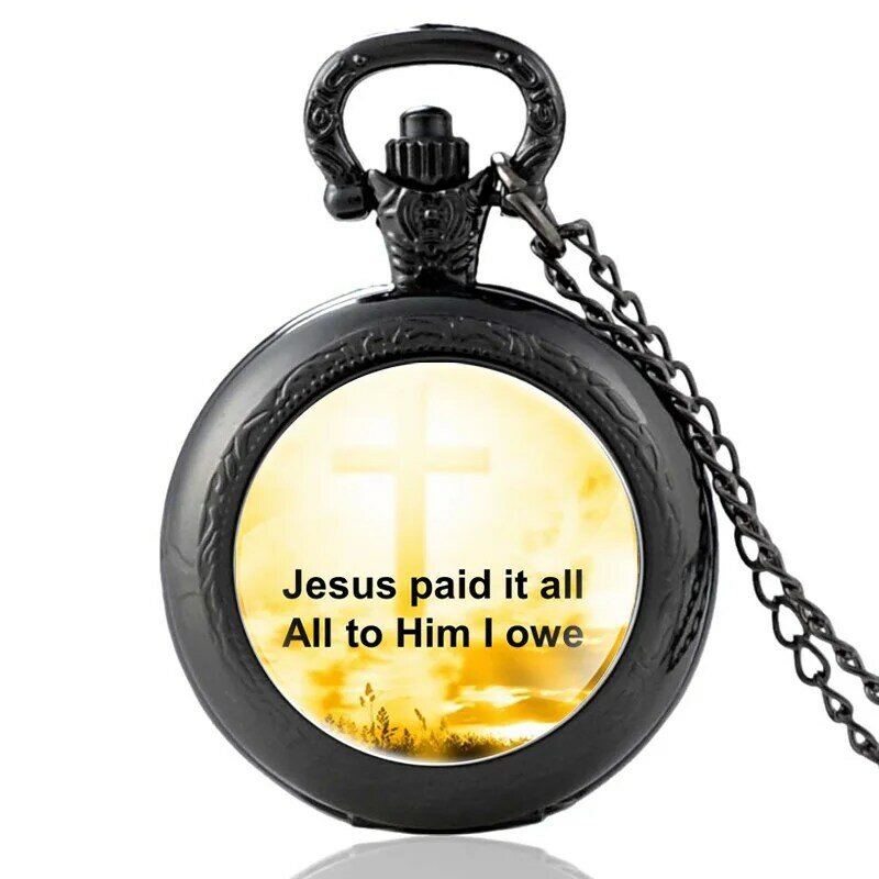 Jesús-reloj de bolsillo de cuarzo para hombre, accesorio Vintage de bronce que le pago todo, con versículos bíblicos, collar