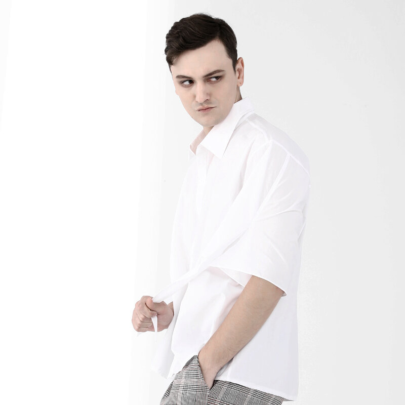 Мужская хлопковая рубашка в стиле панк, белая формальная блузка с рукавом до локтя и двумя лямками, однотонный топ в стиле смарт-кэжуал, на л...