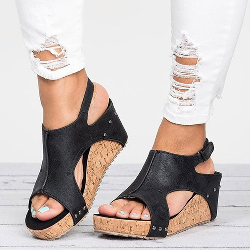 Sandalias de plataforma para Mujer, zapatos de cuña de cuero, de verano, 43, 2020